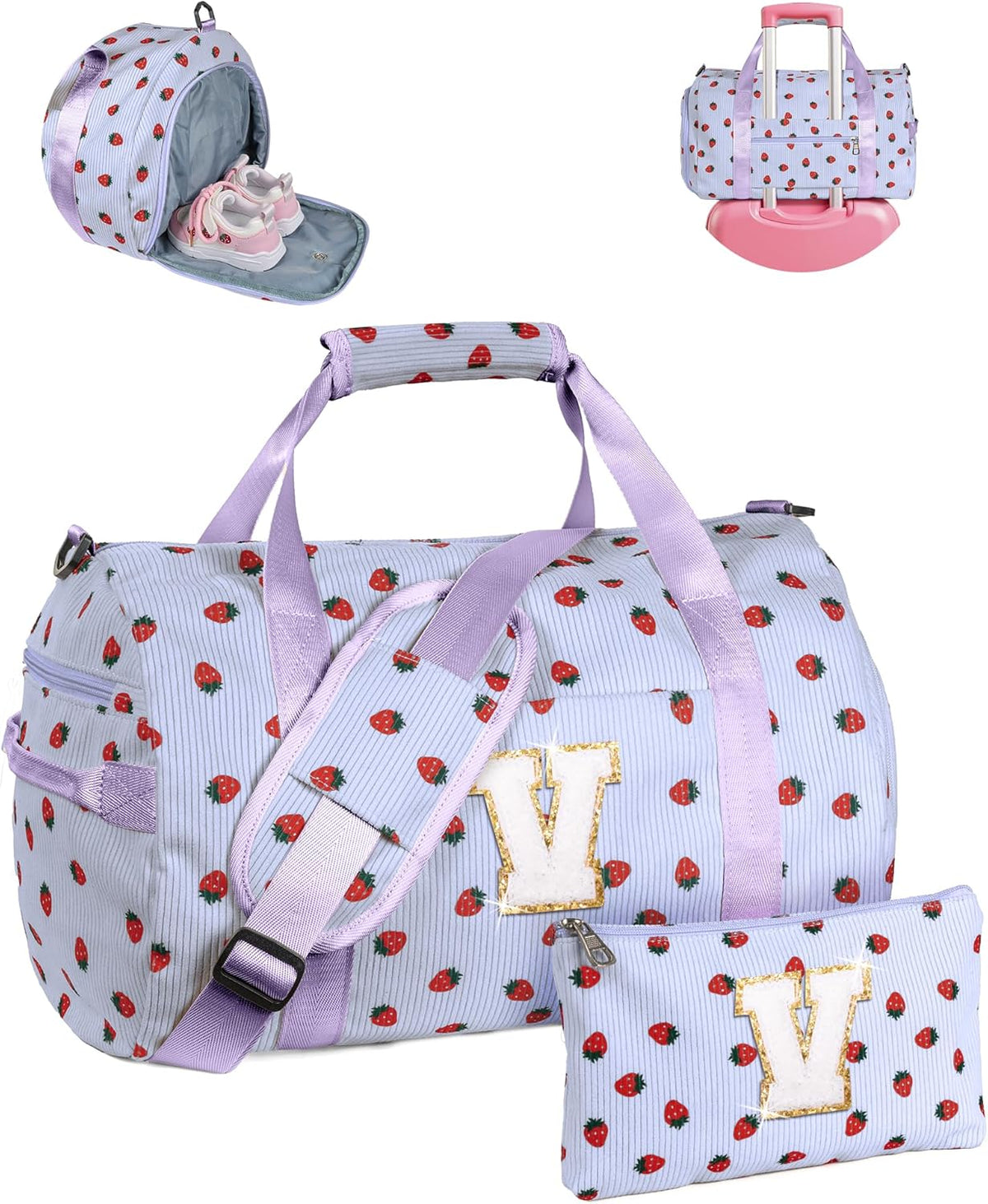 Skiennix Tween Girl Gym Bag - Personalized Duffle with Shoe Compartment & Makeup Bag | Monogram Travel Tote (Letter V)