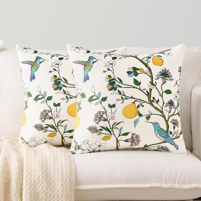 MUSSEL Ivory White Velvet Floral Decorative 20x20 Pillow Covers Set of 2 | Durable Sturdy,Botanical Printed Pattern,Throw Pillows Case,Square,Colorful Mid Century Cushion Covers,Sofa Couch Decor