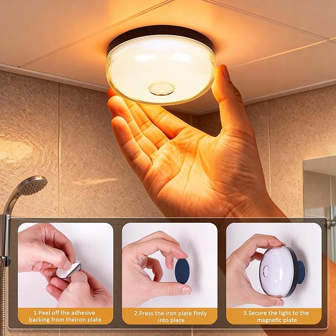 Loscarol Rechargeable Shower Lights with Remote, 15 RGBW Color Changeable Shower Lamp Waterproof, Dimmable ＆Timer Ceiling Light, Wireless LED Mood Lighting for Bathroom, Closet (Black, 2 Pack)