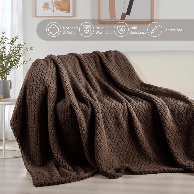 Exclusivo Mezcla Soft Fleece Queen Size Blanket for Bed, Coffee | Jacquard Lightweight Cozy Bed Blanket, Breathable Decorative Fuzzy Textured All Season Use, 90x90 Inches