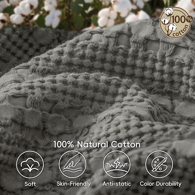 PHF 100% Cotton Waffle Weave Blanket Queen Size, Lightweight Breathable Summer Blanket for Hot Sleepers, Pre-Washed Soft Layer for Bed, Couch, Aesthetic Home Decor & Gift, 90"x90", Dark Grey