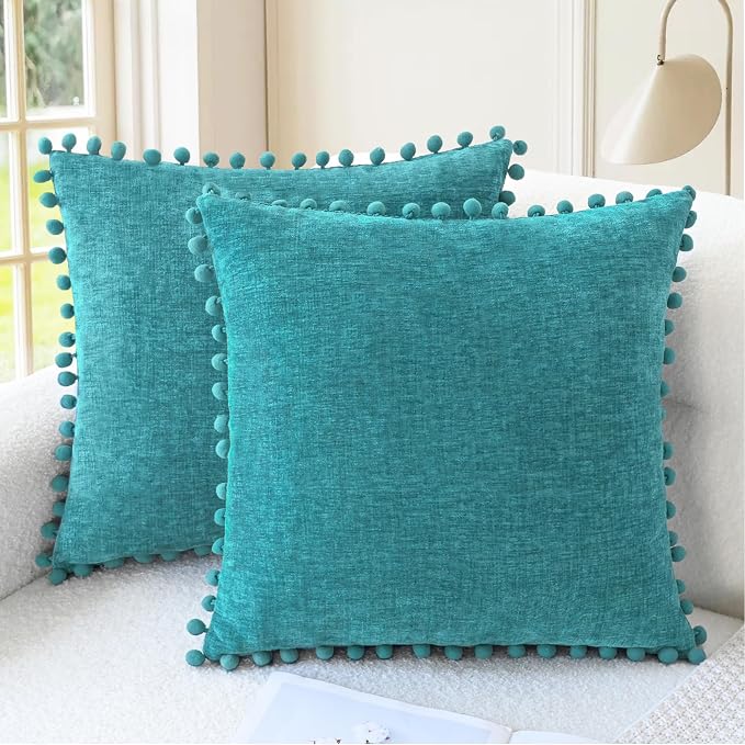 CaliTime Decorative Couch Throw Pillow Covers 20 X 20 Inches Lake Blue | Pack of 2, Cozy Chenille Cushion Cases, with Pom Poms for Sofa Bed Living Room Farmhouse Home