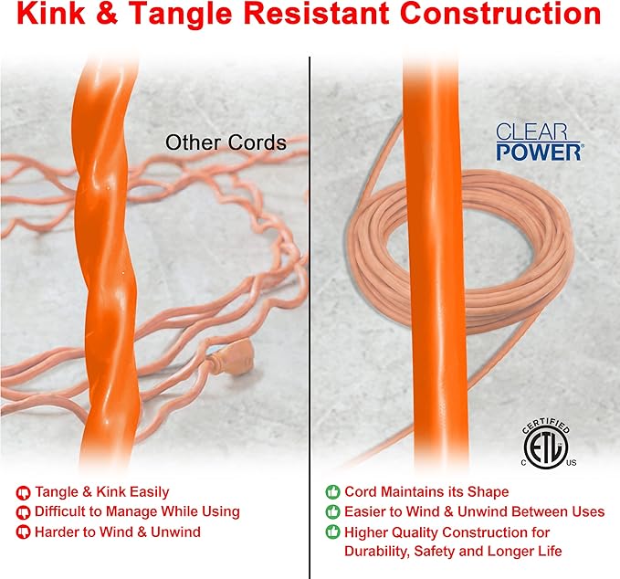 Clear Power Indoor/Outdoor Extension Cord, 25 Ft, Orange, 16AWG, 13A, SJTW [ETL Listed] 3 Prong Grounded Plug, 16/3, Water & Weather Resistant, Flame Retardant w/Power Indicator Light (CP11116)