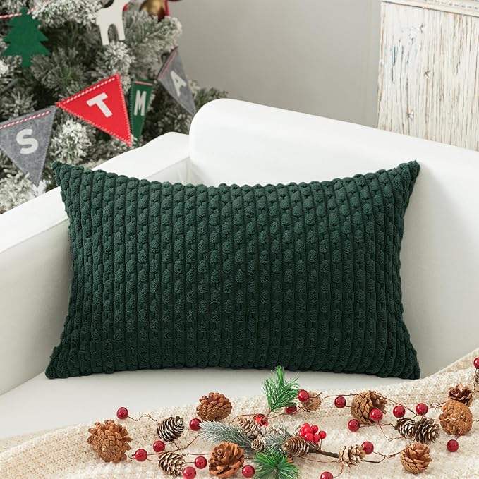 Kevin Textile Soft Corduroy 12"x20" Lumbar Pillow Cover 1 Pack, Army Green | Boho Stripe Plush Corduroy Decorative Oblong Cushion Cover Modern Farmhouse Home Decor for Sofa Couch Bed Chair