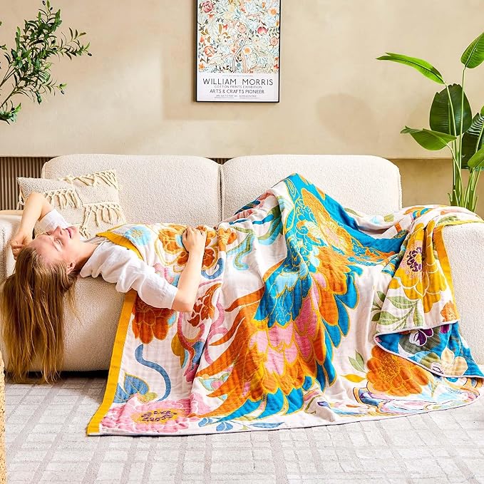 XIBLC Boho Throw Blanket, Lightweight Blankets for Summer, 100% Cotton Bohemian Decorative Throw Blanket, 80"x90" Reversible Muslin Breathable Woven Farmhouse Blankets Quilt,
