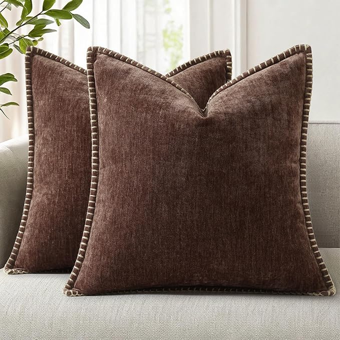decorUhome Soft Chenille Throw Pillow Covers 20x20 Set of 2 Chocolate | Fall Textured Decorative Throw Pillow Cases Stitched Edge Modern Farmhouse Luxury Boho Velvet for Couch Sofa Bed Home Decor