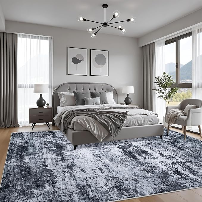 10x14 Area Rug Living Room Rug: Washable Modern Abstract Soft Thin Rug Indoor Floor No Slip Stain Resistant Carpet for Bedroom Dining Room Farmhouse Nursery Home Office - Black