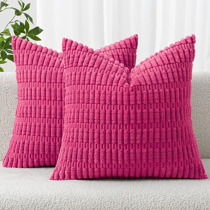 MIULEE Pack of 2 Corduroy Decorative Throw Pillow Covers 18x18 Inch Soft Boho Striped Pillow Covers Modern Farmhouse Home Decor for Sofa Living Room Couch Bed Hot Pink