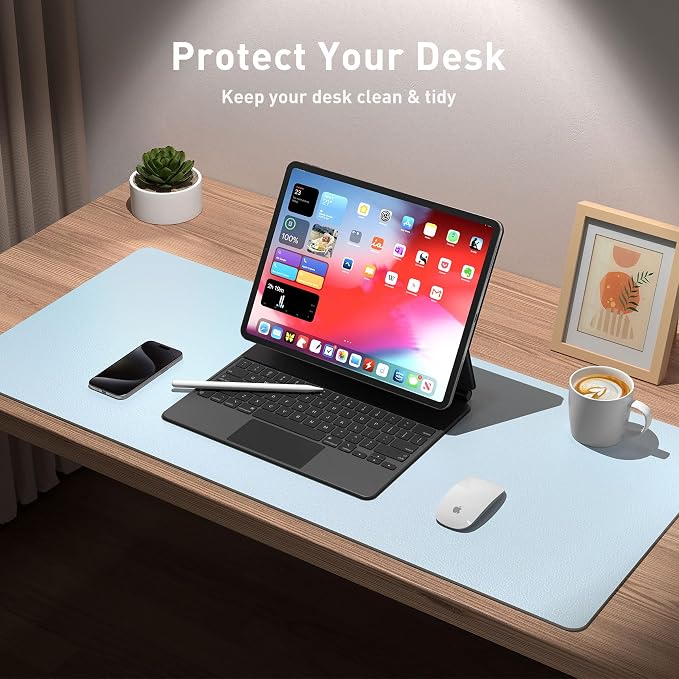 Aothia Leather Desk Pad Protector, Office Desk Mat, Large Mouse Pad, Non-Slip PU Leather Desk Blotter, Laptop Desk Pad, Waterproof Desk Writing Pad for Office and Home (48"x17", Baby Blue)