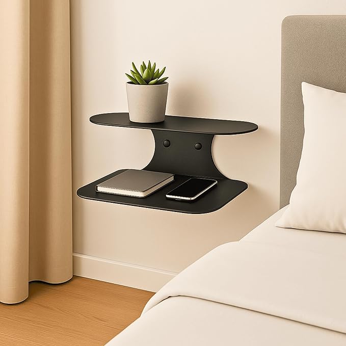 Black Metal Floating Nightstand – Wall Mounted Bedside Shelf for Bedroom, Minimalist Modern Floating Shelf, Powder-Coated Steel Wall Rack (Set of 2 Small - 11.4")