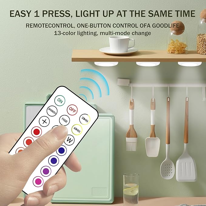 Puck Lights, 13 Colors Changeable LED Puck lightings Battery Powered Dimmable Under Cabinet Lights, Battery Powered Under Counter Lights with Wireless Remote Controls for Kitchen