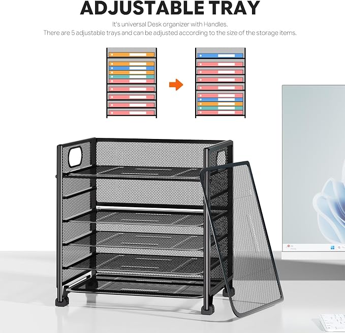 Simple Trending 6-Tier Paper Tray Organizer, File Organizer for Desk, Black | Letter Tray Holder with Handle. Sturdy Metal Frame. Non-slip Feet. Black for Office Home School. 13.35"L x 9.35"W x 15.6"H