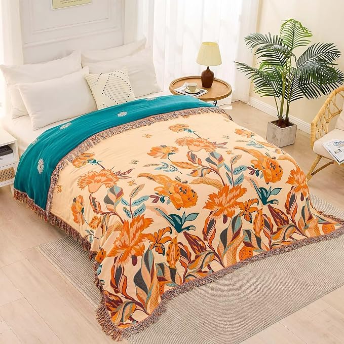 XIBLC Boho Throw Blanket for Bed, 100% Cotton Soft Rustic Quilt Fall Blanket, 90"x98" Floral Printed Farmhouse Decor Bed Blankets, All Season Rustic Reversible Bohemian Throw Quilt