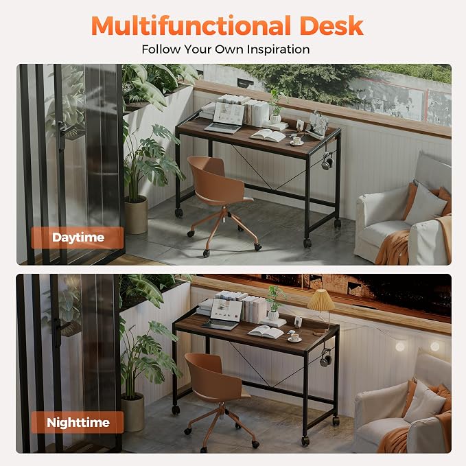 Mericonia 47x20 Inch Small Computer Desk with Wheels & Rear Lip | Simple Rolling Desk, Writing Table for Home Office Bedroom Work Study, Walnut