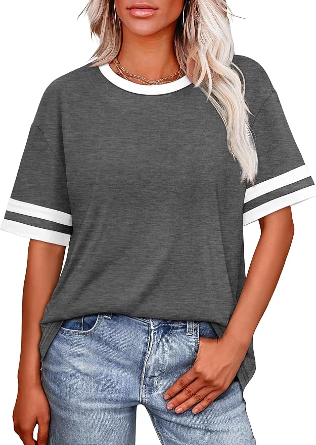 WIHOLL Womens T Shirts Loose Fit Short Sleeve Tees Crew Neck Color Block Summer Tops 2026 Fashion