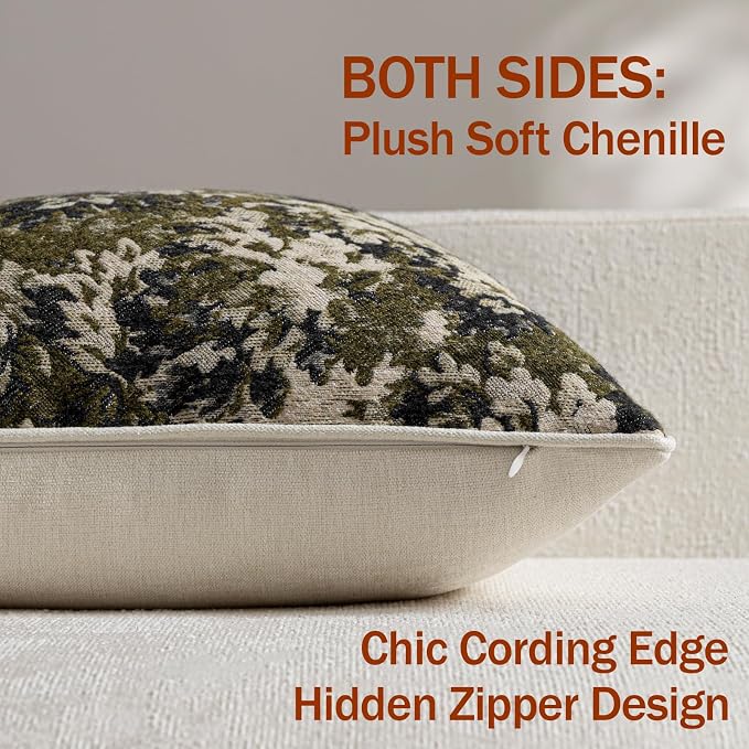 Pack of 2 Vintage Floral Pillow Covers 12x20 Boho Farmhouse Accents Chenille Rectangular Lumbar Decorative Throw Pillow Cases for Living Room Couch Bed Home Decor, Olive Green