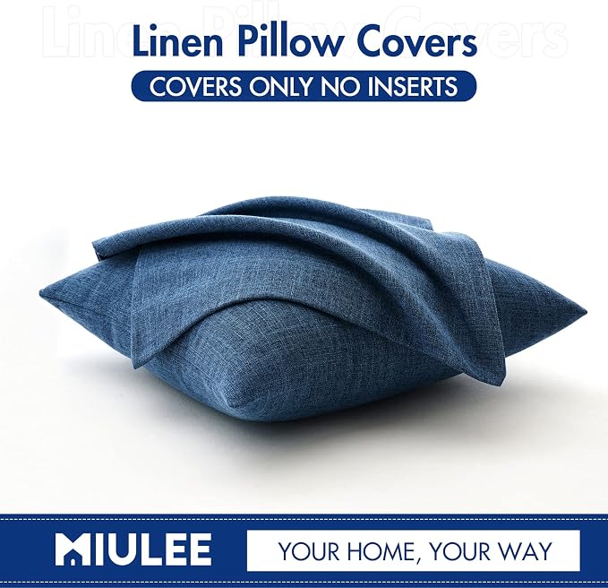MIULEE Pack of 2 Decorative Linen Burlap Coastal Pillow Covers Farmhouse Accent Pillowcases for Sofa Car Couch Bedroom Living Room Decor 20x20 Inch Blue