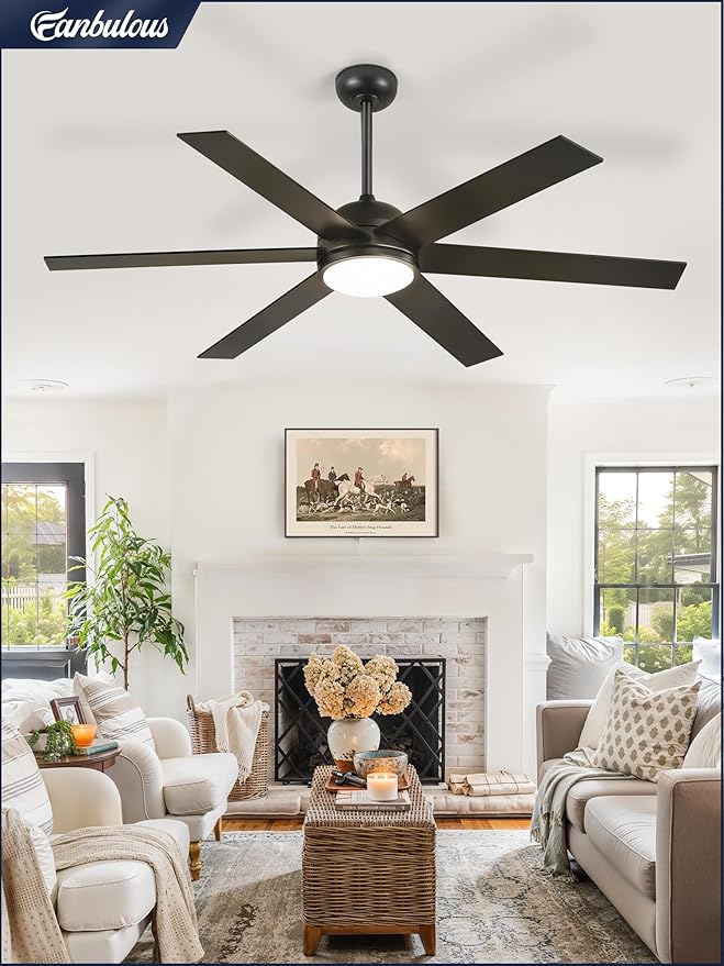 58 Inch Ceiling Fans with Lights and Remote, Black Indoor/Outdoor Ceiling Fan with Quiet Reversible DC Motor, 6 Speeds, 3CCT, 6 Blades Large Ceiling Fan for Living Room Bedroom Patio
