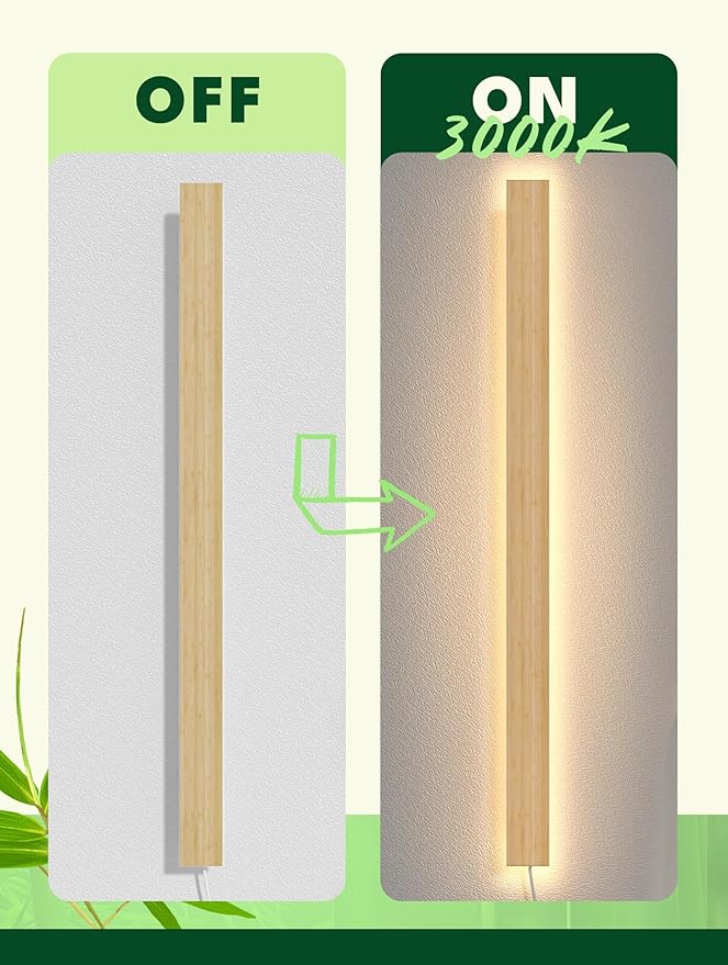 1 Pack Modern Plug in Long Wall Sconce 39.3‘’ LED Bamboo Wall Lights 31W Long Strip Indoor Wall Lamp 3000K with 6.5FT Plug in Cord and On/Off Switch on The Cord for Living Room Hallway Stairwell