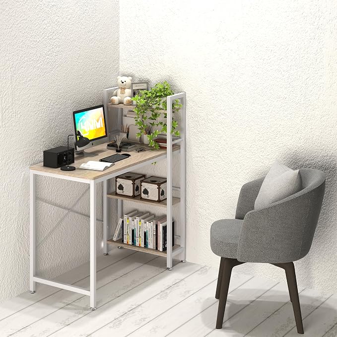4NM 35.4" Small Computer Desk with 4-Tier Bookshelf and 8 Hooks, Home Office Desk Writing Workstation Study Table for Small Space Work - Natural and White