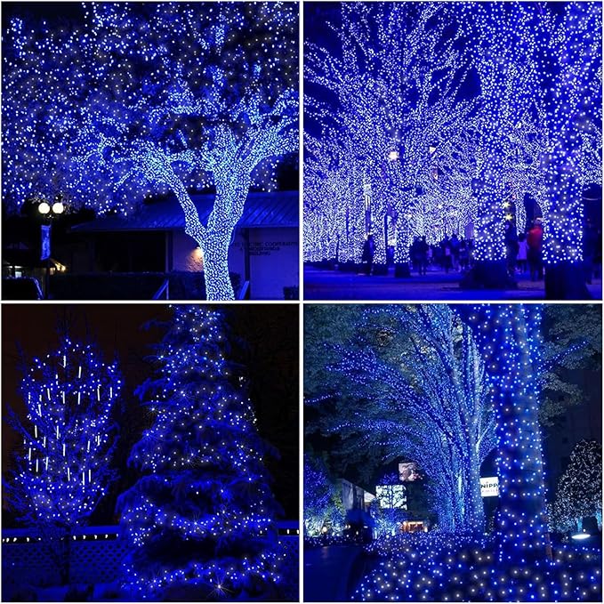 LAMPHOME 99FT 300 LED Blue White String Lights, 16 Modes Plug In Mini Fairy Lights, Waterproof Outdoor Christmas Lights for Hanukkah Xmas Tree Garland Bedroom Ocean Party July 4th Patriotic Decoration