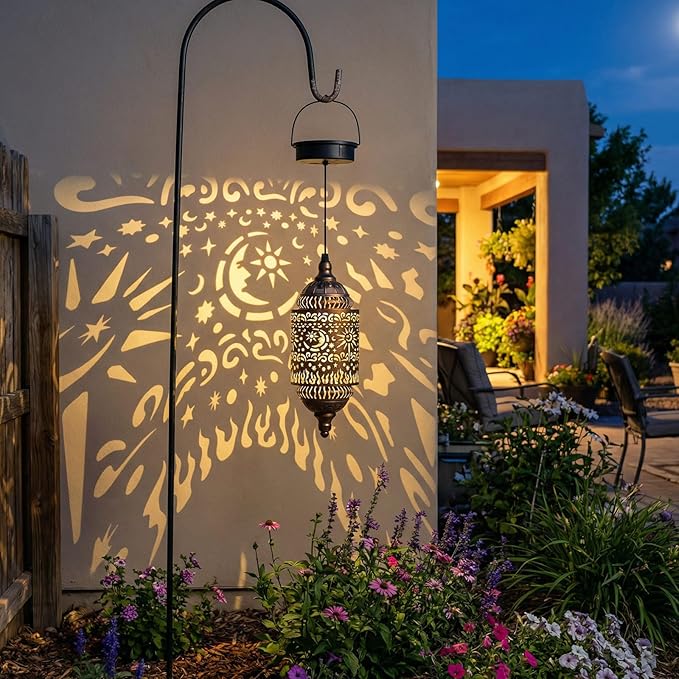 Moroccan Hanging Solar Lights Outdoor Garden Decor Sun and Moon Decorations Solar Lantern Waterproof for Patio Pathway Yard Backyard Garden Decorative (Cylinder, 2)