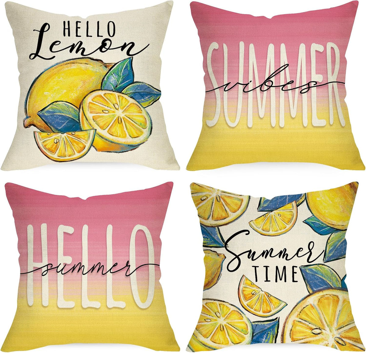 Hello Summer Lemon Decorative Throw Pillow Covers 20 x 20 Set of 4, Summer Vibes Fruit Pink Yellow Cushion Case Decor, Seasonal Home Decoration for Sofa Couch