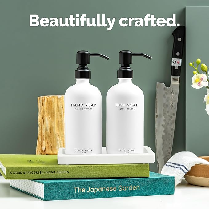 Vine Creations Glass Soap Dispenser Set, Kitchen Soap Dispenser Set with Ceramic Tray, 16 oz Dish Soap and Hand Soap Dispenser Set with Stainless Steel Pump Decor (White Bottle/Matte Black)