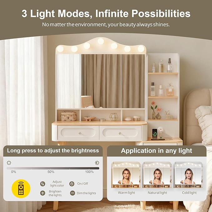 Vanity Desk with Mirror and Lights,Makeup Vanity with 2 USB Power Strip,Vanity Set with Two Drawers and Three-Drawer Chest,3 Lighting Modes Adjustable Brightness,Foldable Three-Sided Mirror