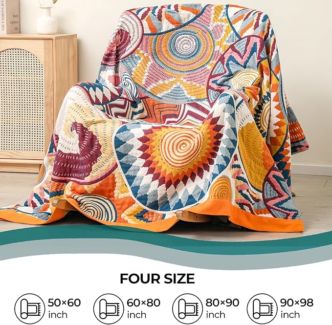 Boho Cotton Muslin Twin Size Bed Throws,100% Cotton Rustic 4 Layer Reversible Colorful Woven Blankets, Washable Breathable Mexican Decor Bed Blankets 60"×80" for Couch Sofa All Seasons
