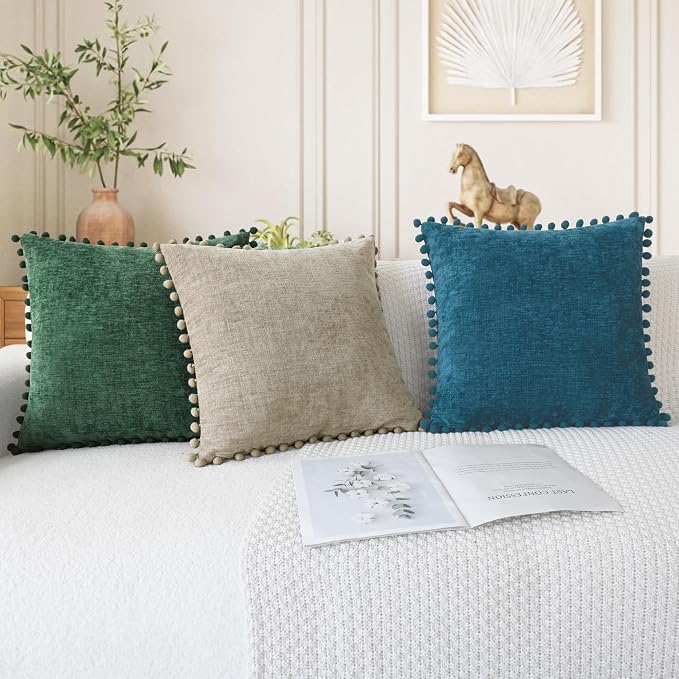CaliTime Decorative Couch Throw Pillow Covers 22 X 22 Inches Dark Green | Pack of 2, Cozy Chenille Cushion Cases, with Pom Poms for Sofa Bed Living Room Farmhouse Home