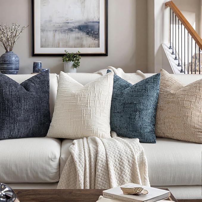 MIULEE Chenille Textured Throw Pillow Covers Navy Blue 18x18 Set of 2 | Slubby Decorative Pillows, Boho Farmhouse Coastal Decor, Modern Neutral Cushion Covers for Couch Sofa Bed Living Room