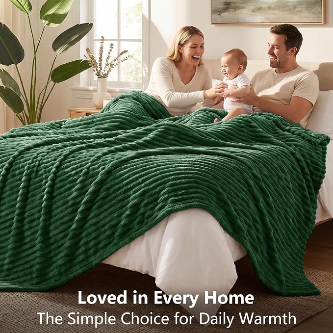 Dark Green Twin Blanket for Bed & Couch, 60 x 80 Inch | 300GSM Ribbed Fleece Blanket, Soft, Cozy & Lightweight, OEKO-TEX Certified, All-Season Use for Travel, Dorm & Home Decor