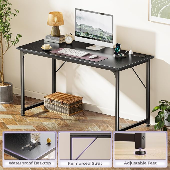 PRAISUN 47 X 20 Inch Computer Desk, Power Outlets, USB-C, Black | Office Desk with 4 AC Outlets, USB & USB-C, Sturdy Metal Frame, Spacious Desktop for Work, Writing, Study & Gaming