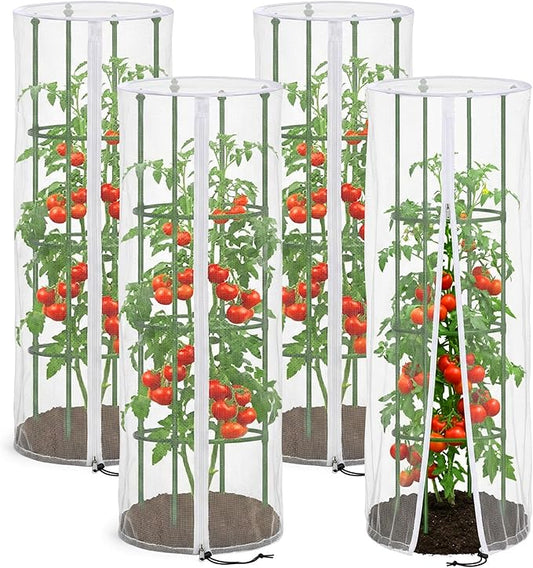 4 Pcs Garden Bird Netting for Round Plant Cage, 59" x 18" Tomato Cage Garden Net Cover with Zipper, Tomato Trellis Insect Bird Barrier Protection Mesh for Vertical Climbing Plants Vegetables Fruits