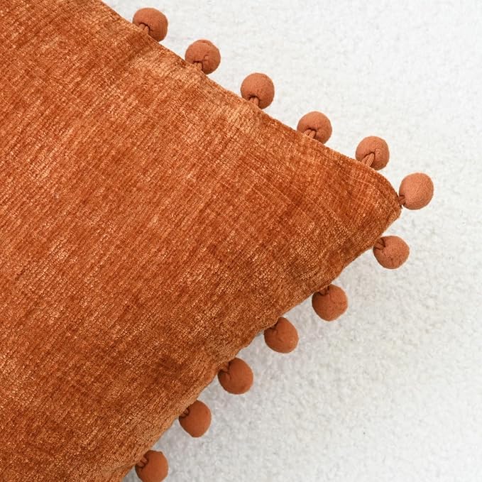 CaliTime Fall Decorative Throw Pillow Covers 20 X 12 Inches Burnt Orange | Pack of 2, Cozy Chenille Cushion Cases, with Pom Poms for Sofa Bed Living Room Farmhouse Home