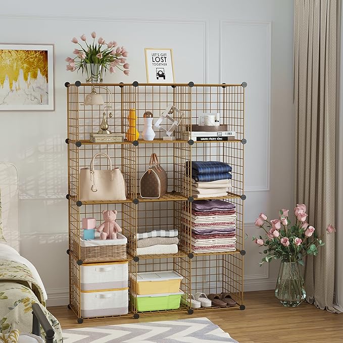 C&AHOME Wire Cube Storage, 12 - Cube Organizer Metal C Grids, Modular Shelves Units, Closet Organizer, Ideal for Home, Office, Living Room, 36.6”L x 12.4”W 48.4”H, Brown UWCS3012R