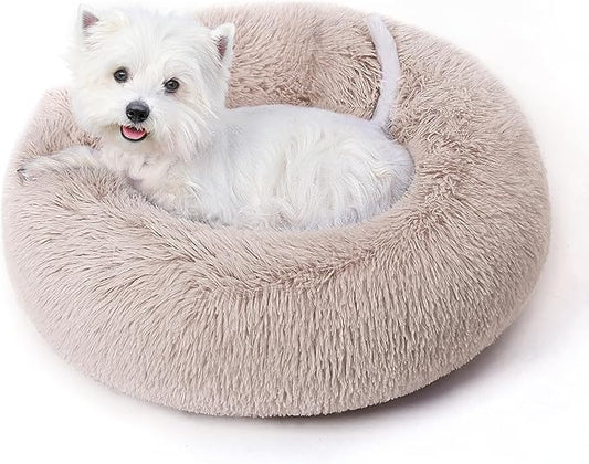Calming Dog Bed & Cat Bed with Anti-Slip Bottom, Medium Size Washable Anti-Anxiety Donut Dog Beds for Small Dogs & Cats, Fluffy Plush Cozy Round Dogs Bed(24 Inch, Light Brown)