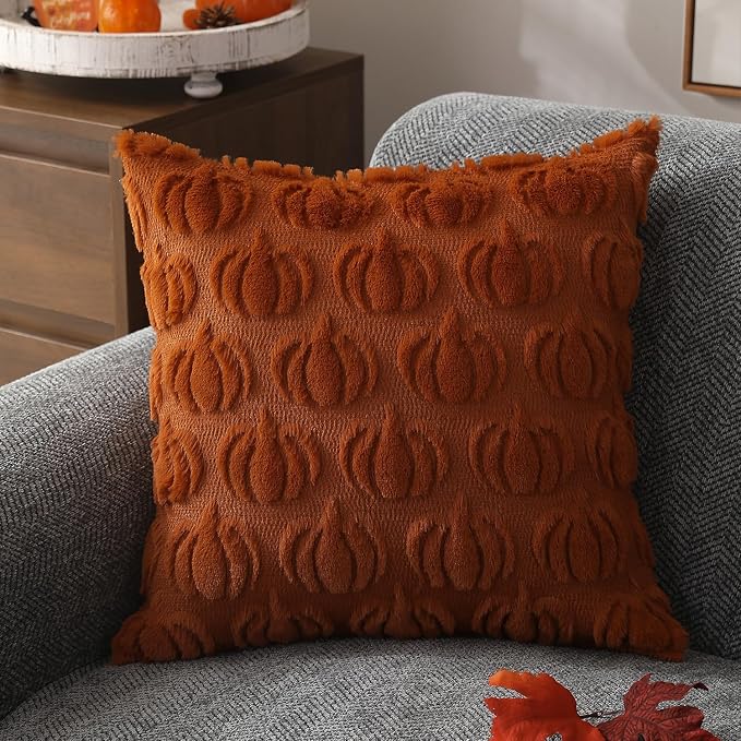 DFXSZ Fall Pillow Covers 24x24 2Pcs Rust Pumpkin Fall Decorations for Home | Fall decor Set of 2 Throw Pillow Cases Soft Plush Faux Fur Wool Couch Cushion for Chair Sofa Bedroom Living Room Home Decor