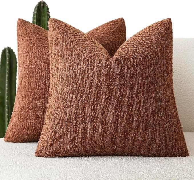 Foindtower Pack of 2 Textured Boucle Throw Pillow Covers Accent Solid Pillow Cases Cozy Soft Decorative Couch Cushion Case for Chair Sofa Bedroom Living Room Home Decor 18x18 Inch Red Taupe
