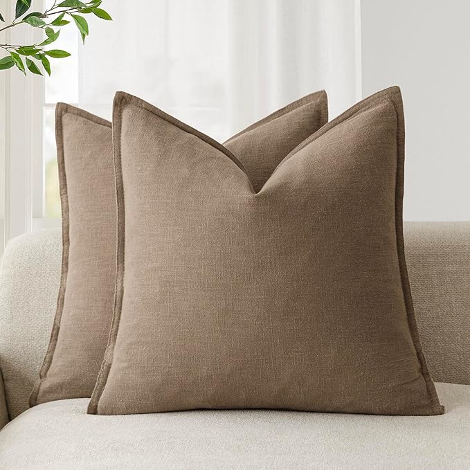 Foindtower Pack of 2, Decorative Linen Solid Throw Pillow Covers Soft Accent Cushion Case Boho Farmhouse Neutral Pillowcase for Chair Couch Sofa Bedroom Living Room Home Decor 20 x 20 Inch Light Brown