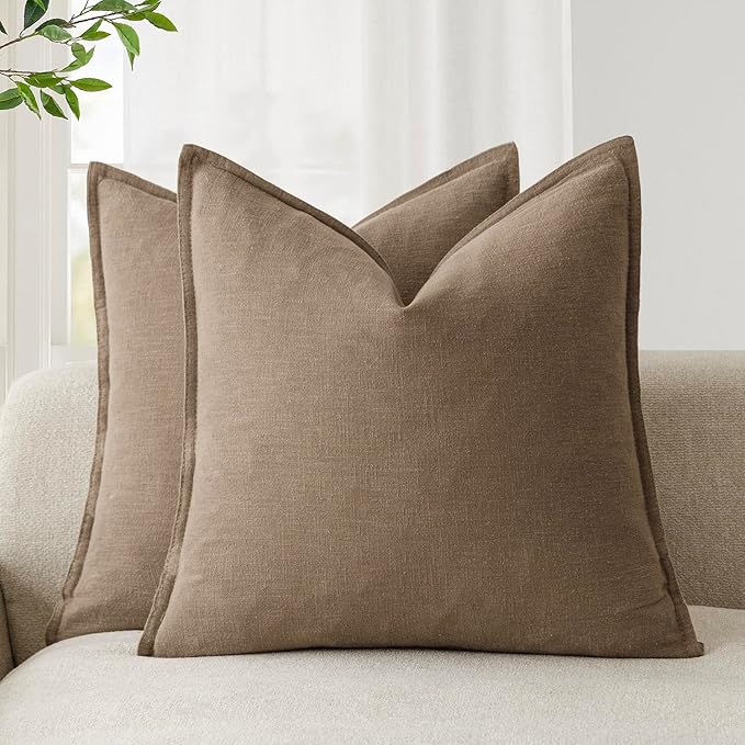 Foindtower Pack of 2, Decorative Linen Solid Throw Pillow Covers Soft Accent Cushion Case Boho Farmhouse Neutral Pillowcase for Chair Couch Sofa Bedroom Living Room Home Decor 18 x 18 Inch Light Brown