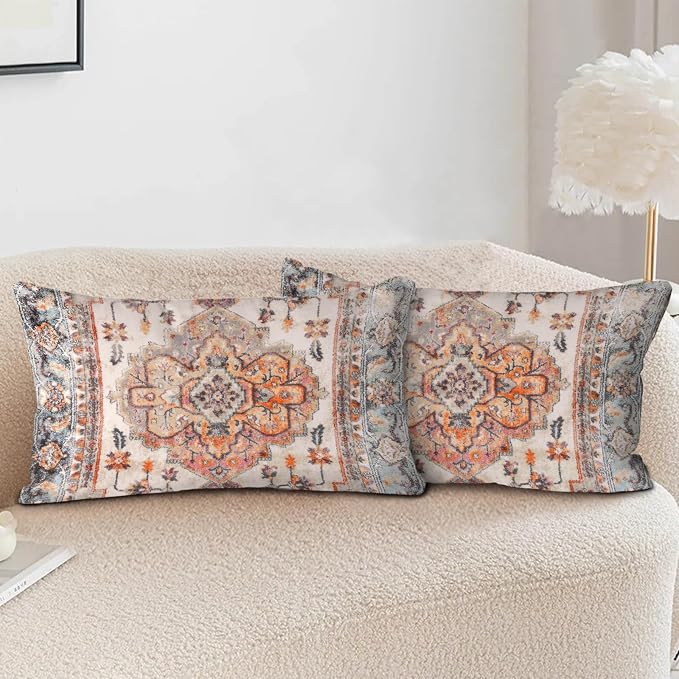 Boho Throw Pillow Covers 12x20 inch Set of 2,Boho Vintage Carpet Pattern Antique Ethnic Decor Double Sided Pattern Cushion Cover Soft Pillow Case Living Sofa Room Bed Square Pillow Cover