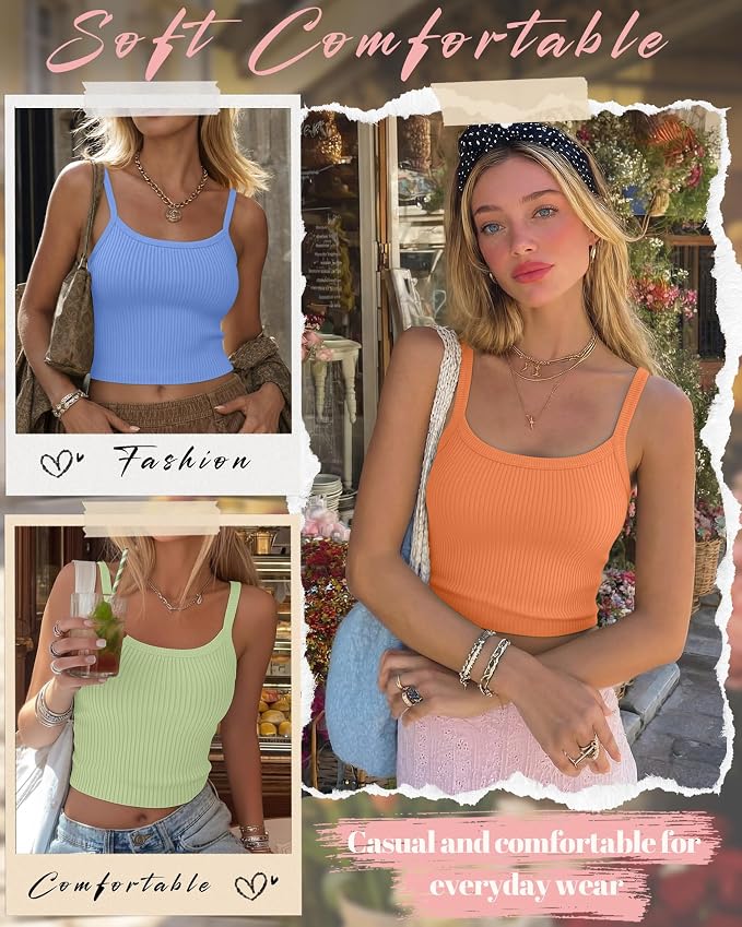 Ficerd 3 Pack Women's Tank Tops 95% Cotton Spaghetti Strap Ribbed Crop Camisole Slim Fitted Basic Summer Sleeveless Layer