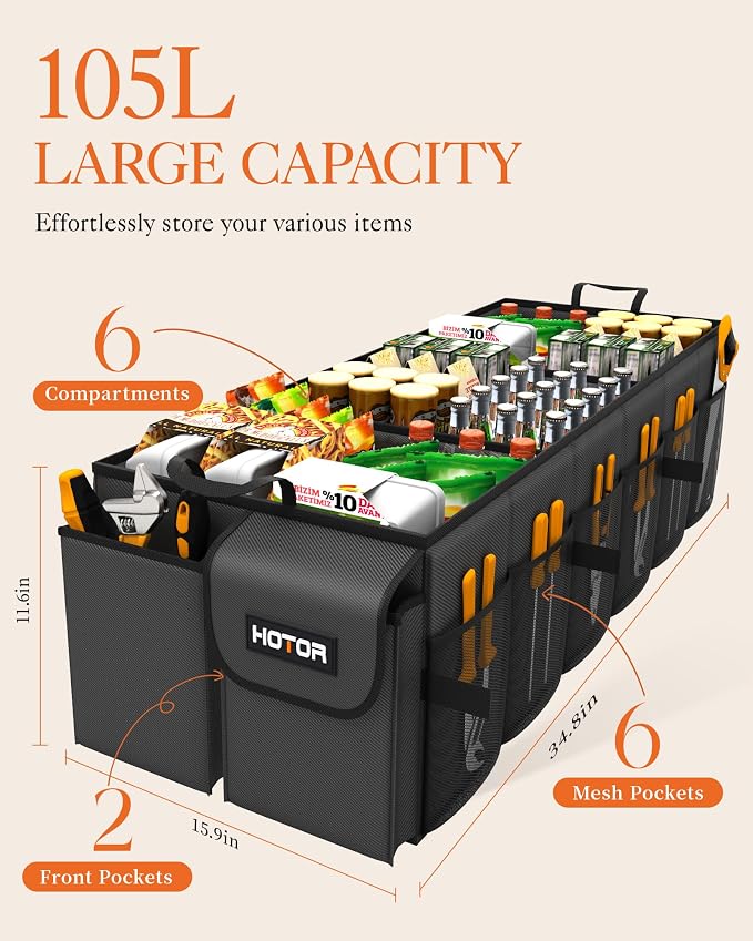 HOTOR Trunk Organizer - Car Organizer, Foldable Trunk organizer for SUVs & Sedans, Sturdy Car Organization for Car Accessories, Tools, Sundries, Black, 6 Compartments, 34.8"×16.0"×11.6"