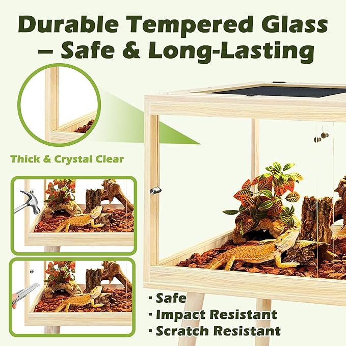 Prolee Bearded Dragon Tank with Leg,Tempered Glass Lizard Tanks and Reptile Enclosure,Up to 78 Gallon Reptile Tank with Metal Mesh and Lockable Door for Spacious Snakes and Chameleon(Oak,24inch)