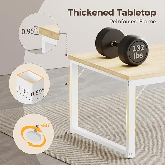 Mericonia 40 Inch Computer Desk, 1" Thick Small Office Table, Oak | Modern Simple Style, Heavy Duty Industrial Frame, Small Study & Writing Table for Home Bedroom Work