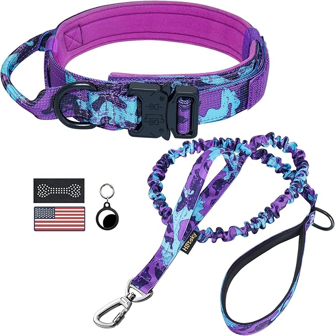 Hotsky Tactical Dog Collar and Leash Set, Heavy Duty Military Airtag Dog Collar with Handle and Metal Buckle for Training and Walking, with Airtag Holder and Two Patches (Purple Camo, M)