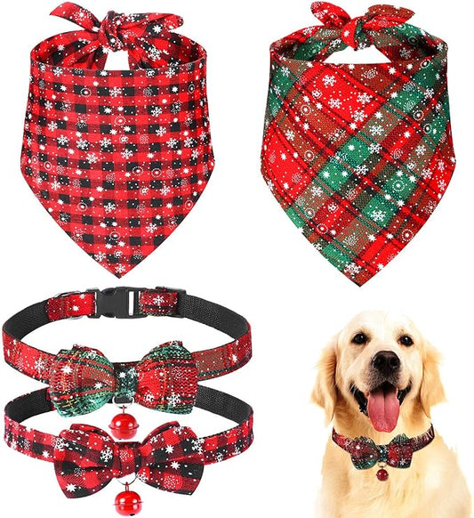 4 Pieces Christmas Dog Bandanas and Collars Set Xmas Christmas Classic Plaid Dog Neck Tie Triangle Bib Scarf Kerchief Adjustable PET Bow Tie with Safety Bell Costume for Cat(L,Stylish Style)