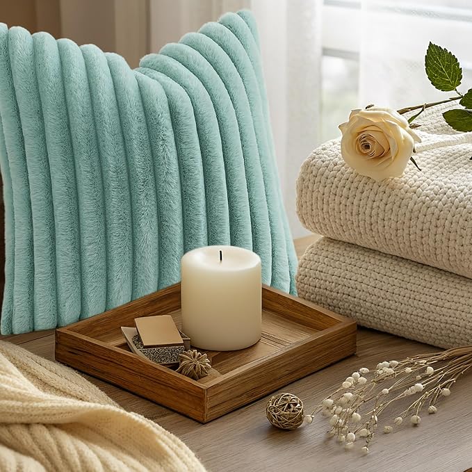 decorUhome Fall Faux Fur Throw Pillow Covers 16x16 Set of 2 Aqua | Decorative Soft Cozy Striped Plush Modern Farmhouse Boho Couch Pillow Cases Velvet Back for Sofa Bed Living Room Home Decor